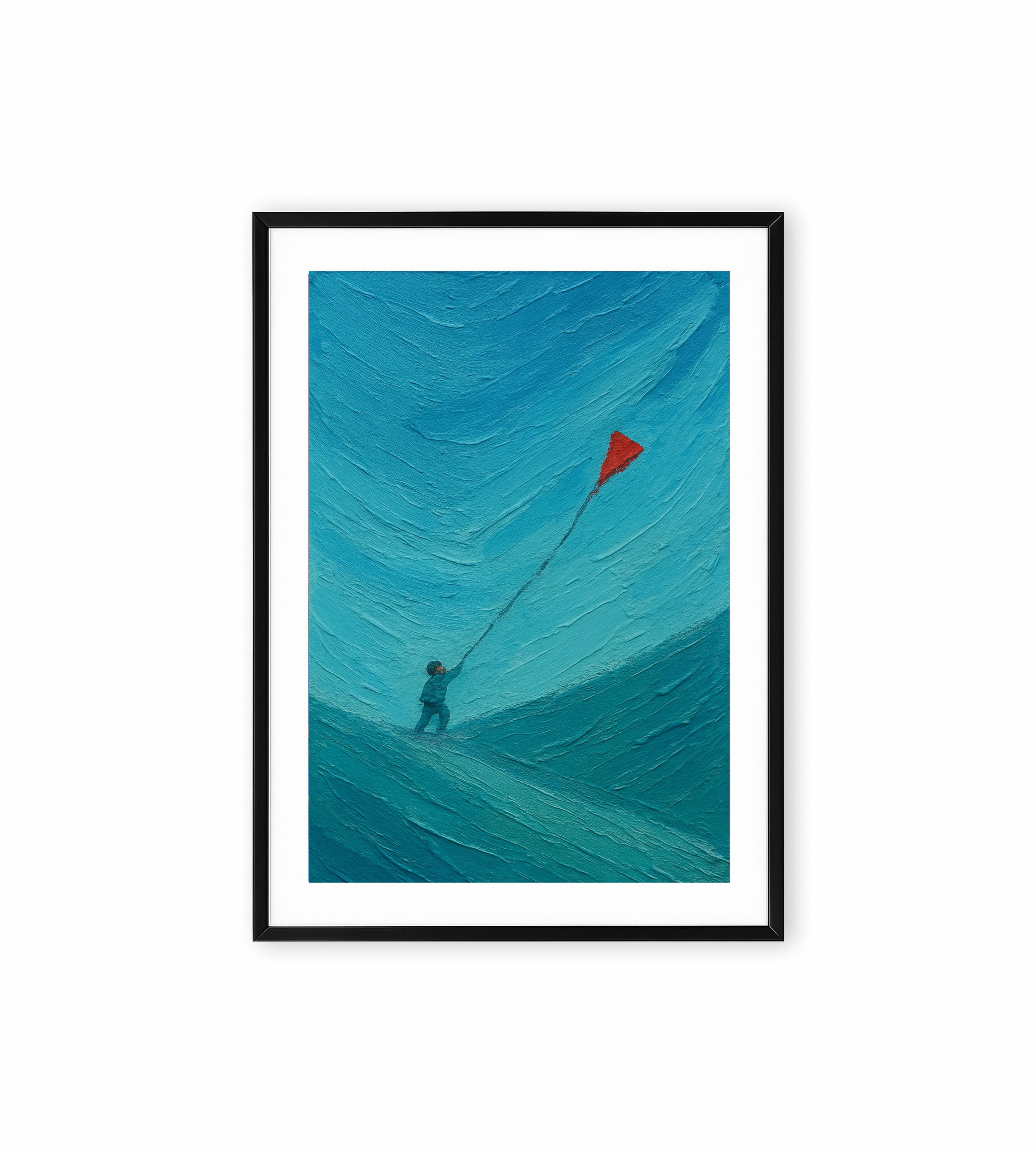 Child flying red kite in blue sky painting.