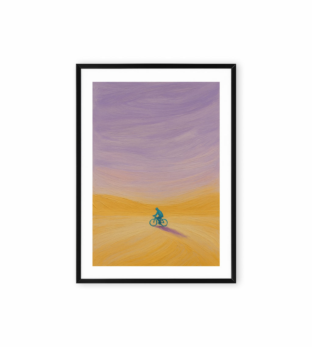 Blue cyclist painting in desert with purple sky.
