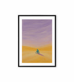 Blue cyclist painting in desert with purple sky.