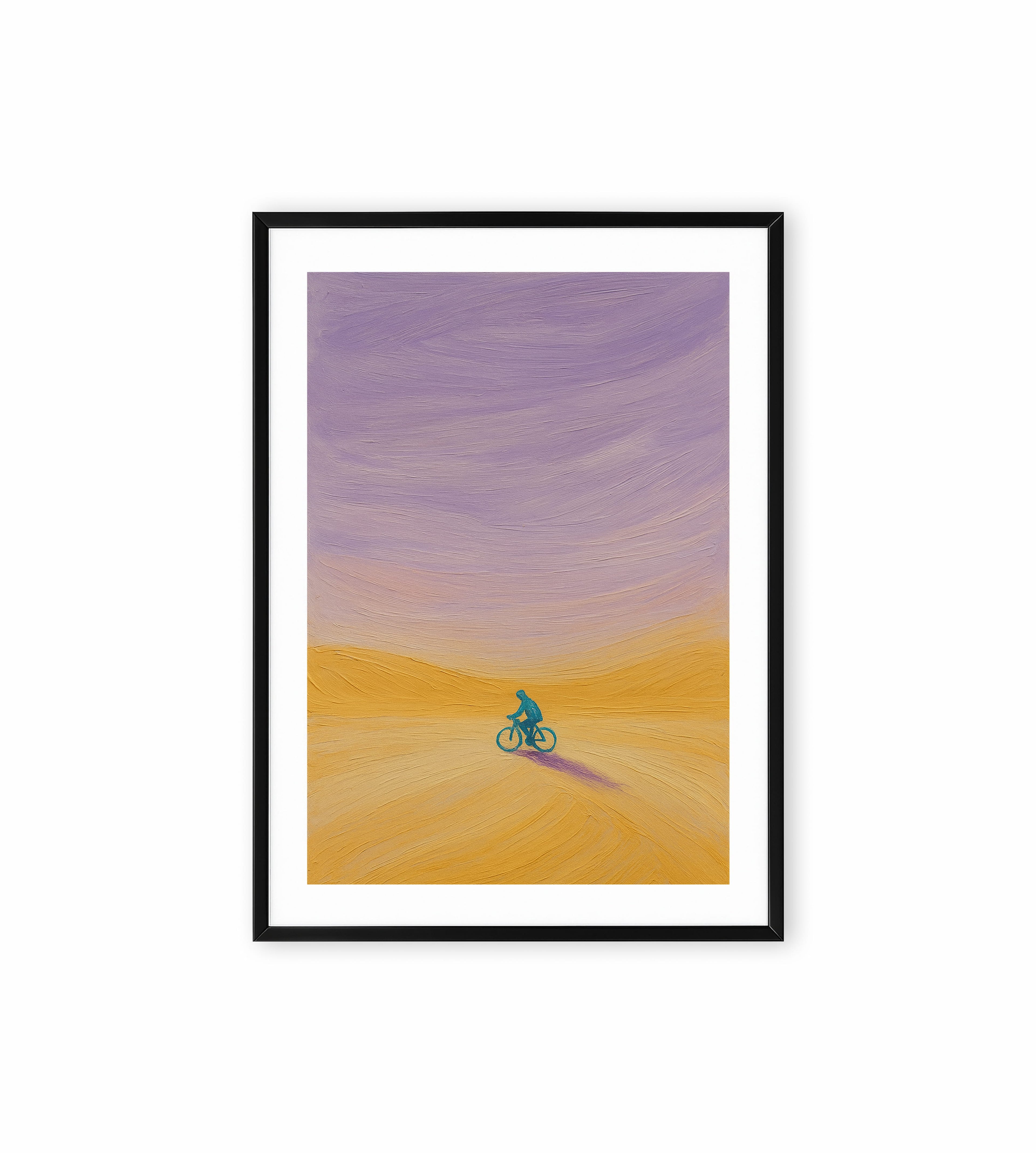 Blue cyclist painting in desert with purple sky.