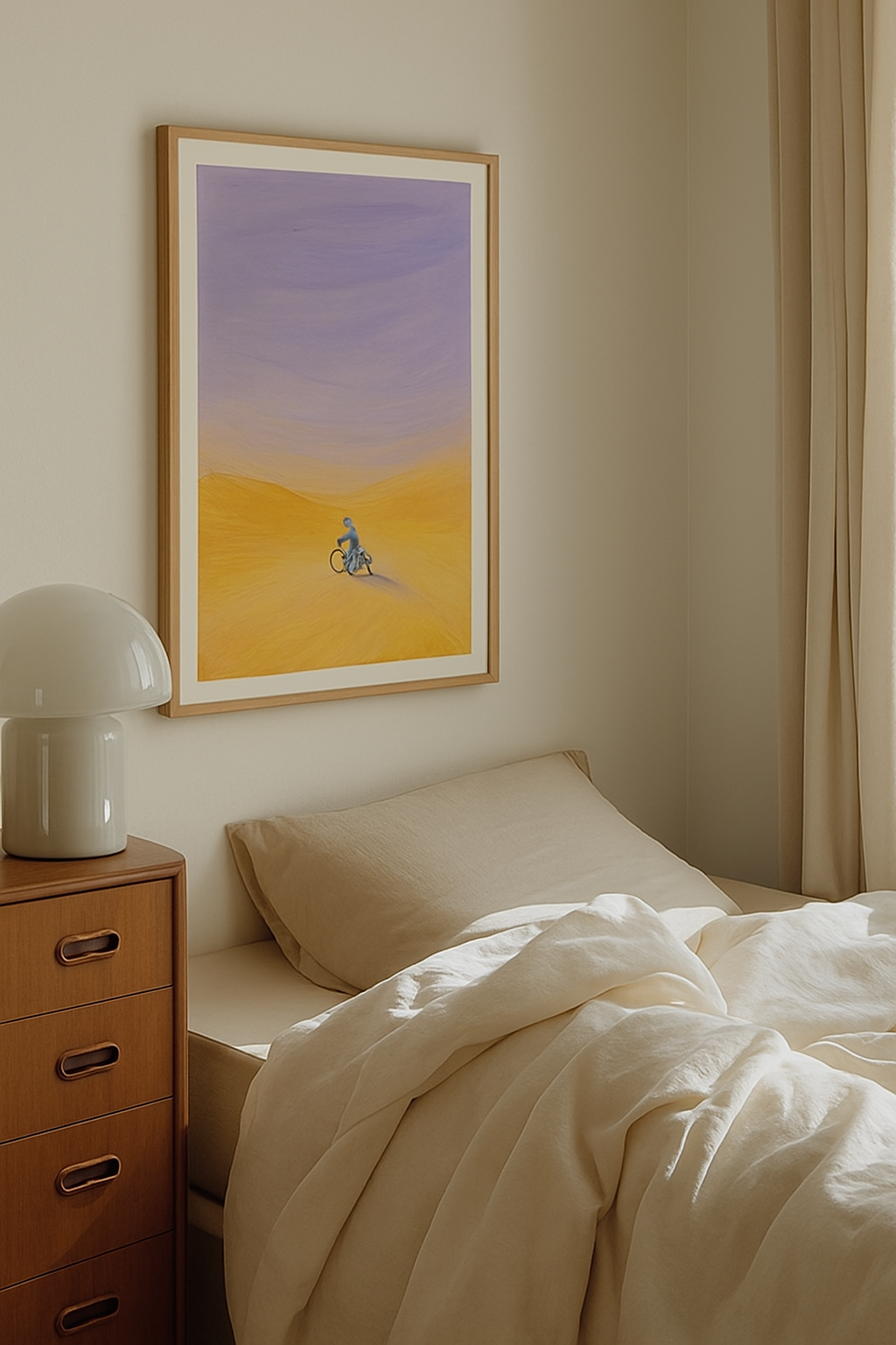 Blue cyclist painting in desert with purple sky.