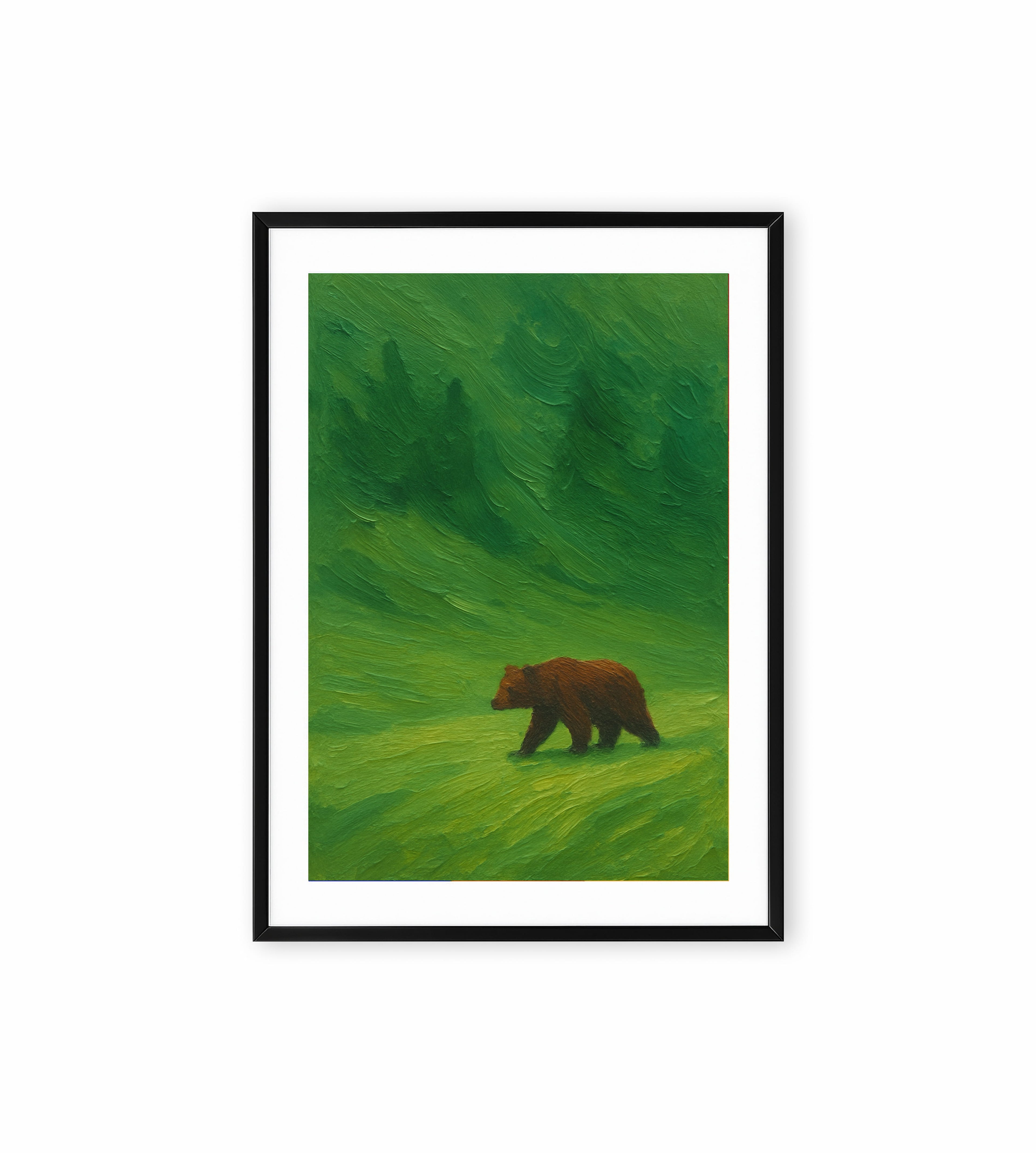 Brown bear painting in green forest.