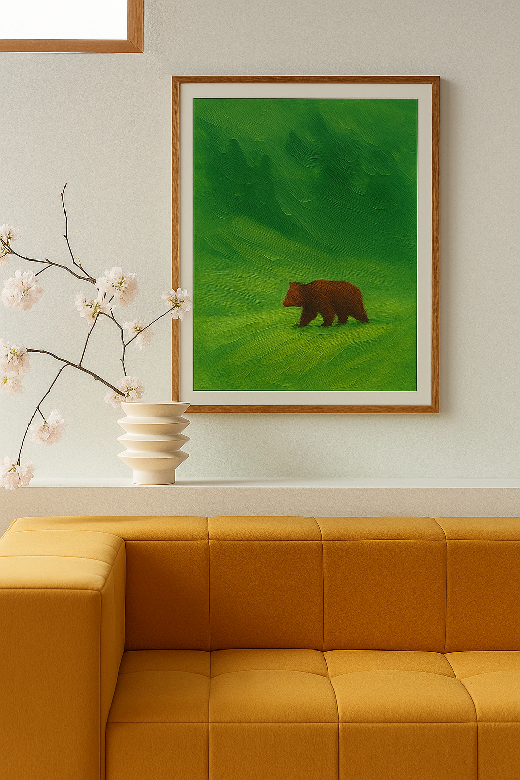 Brown bear painting in green forest.