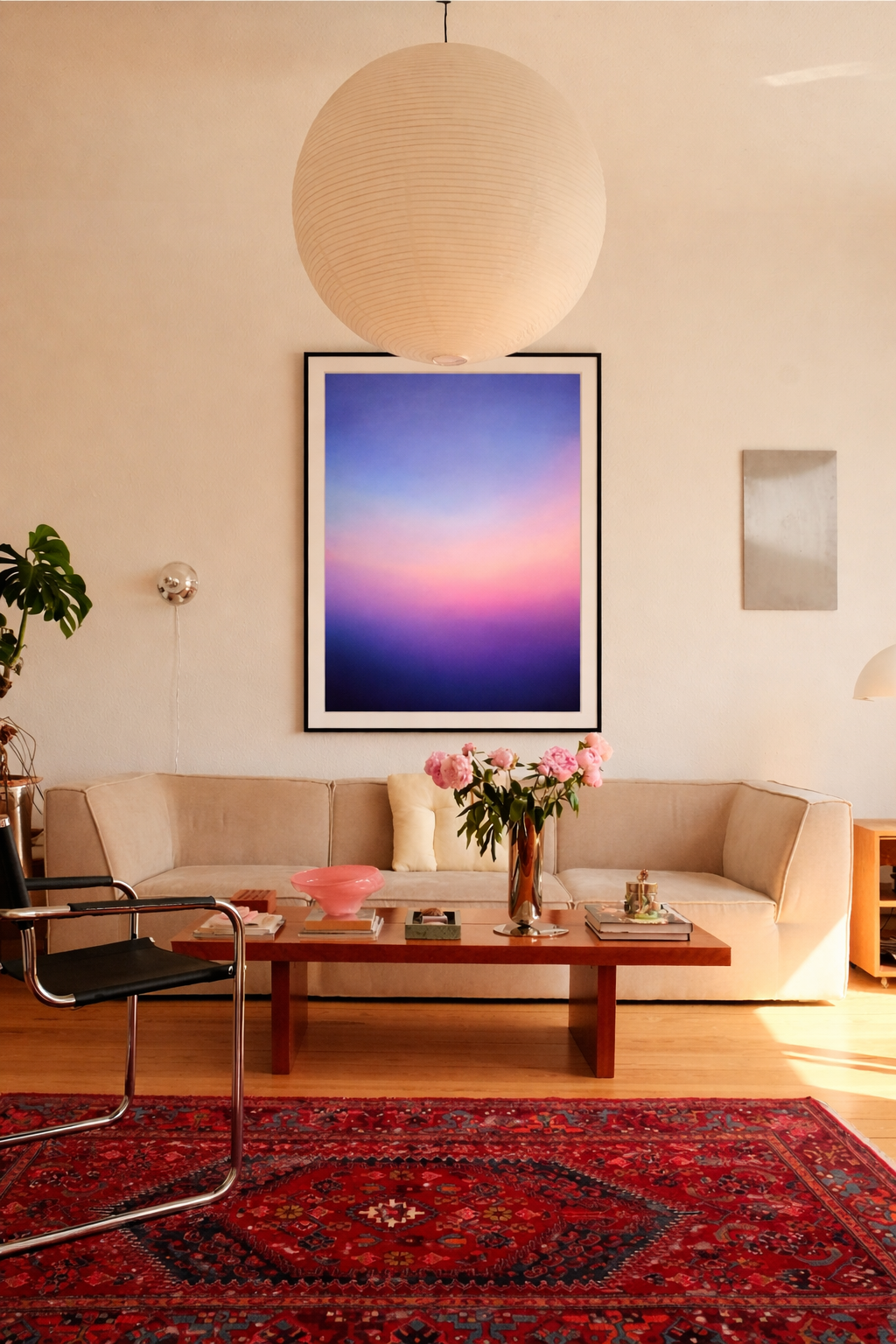 Blue and pink gradient framed wall art