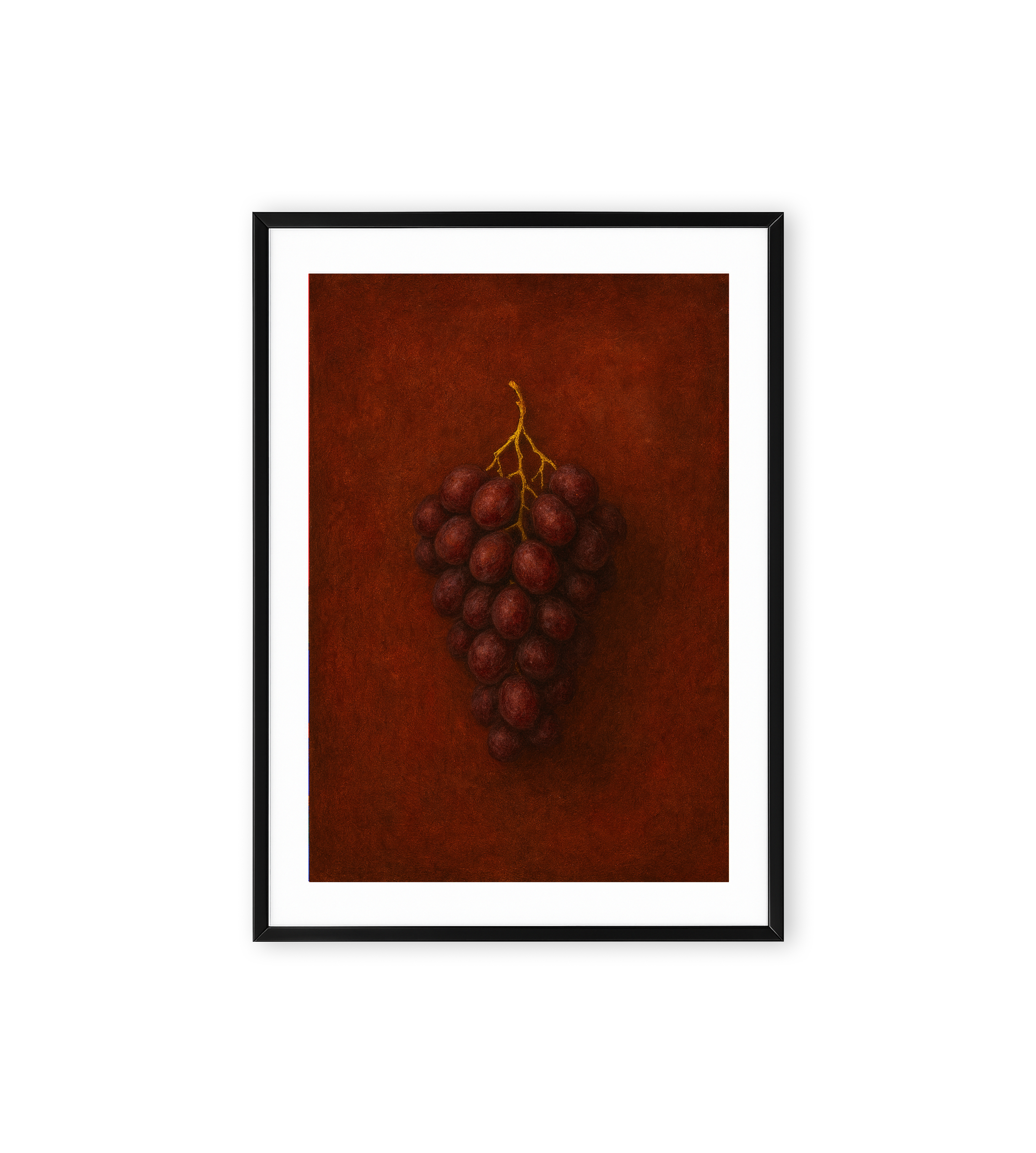 Still life wall art of red grapes on a textured warm background.