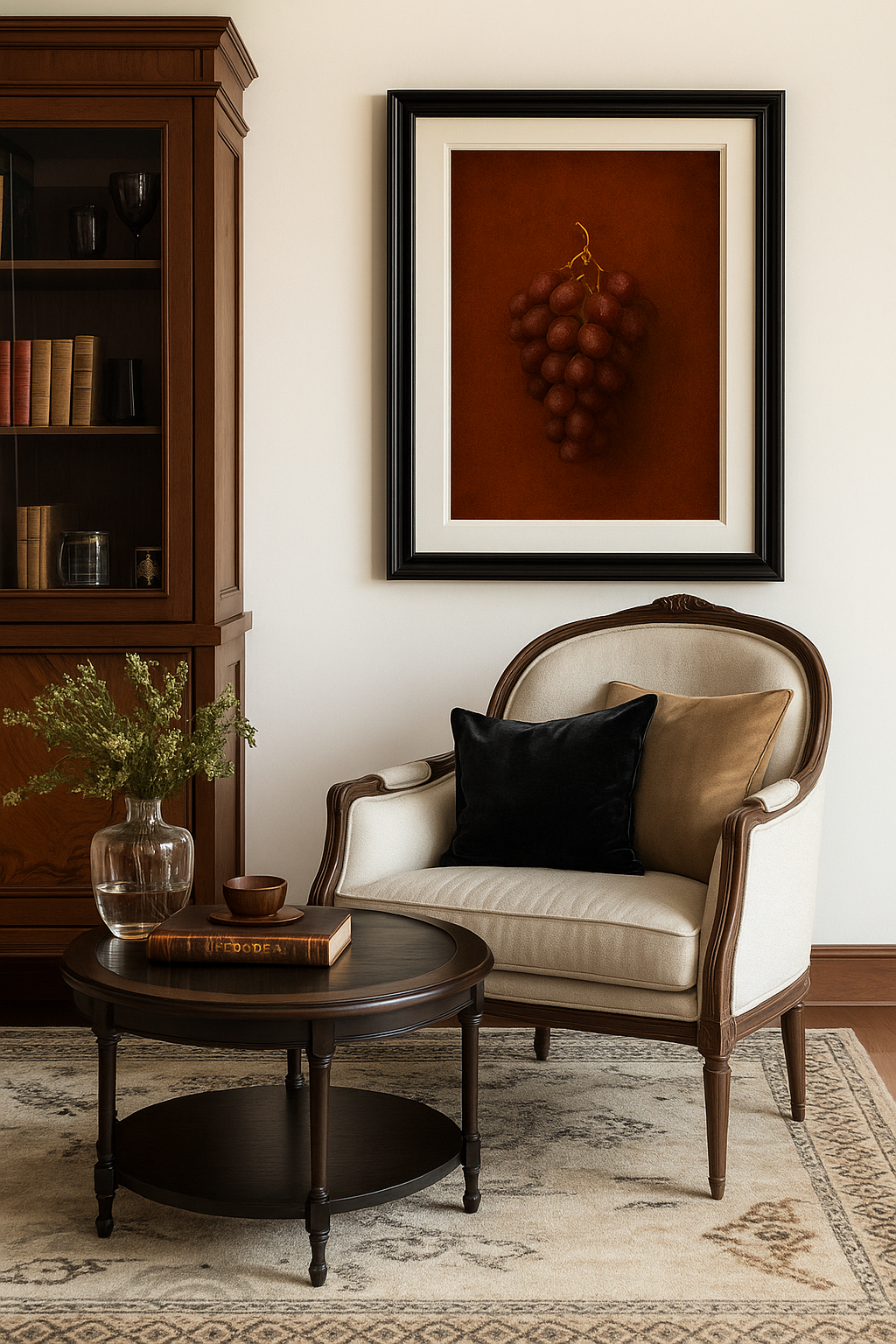 Still life wall art of red grapes on a textured warm background.
